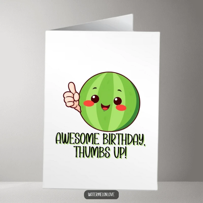 Funny free printable birthday card featuring a happy watermelon character with green rind giving a big thumbs-up sign.