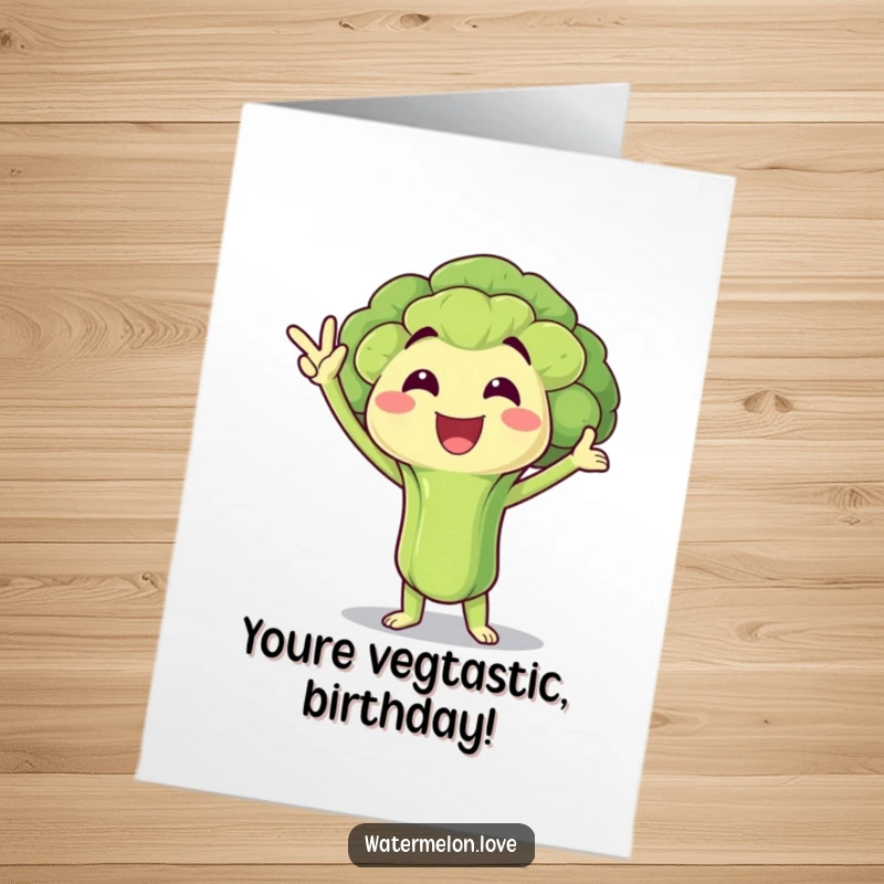 Funny Free Printable Birthday Card: Jubilant anthropomorphic broccoli floret striking a victory pose, healthy, triumphant, printable greeting.