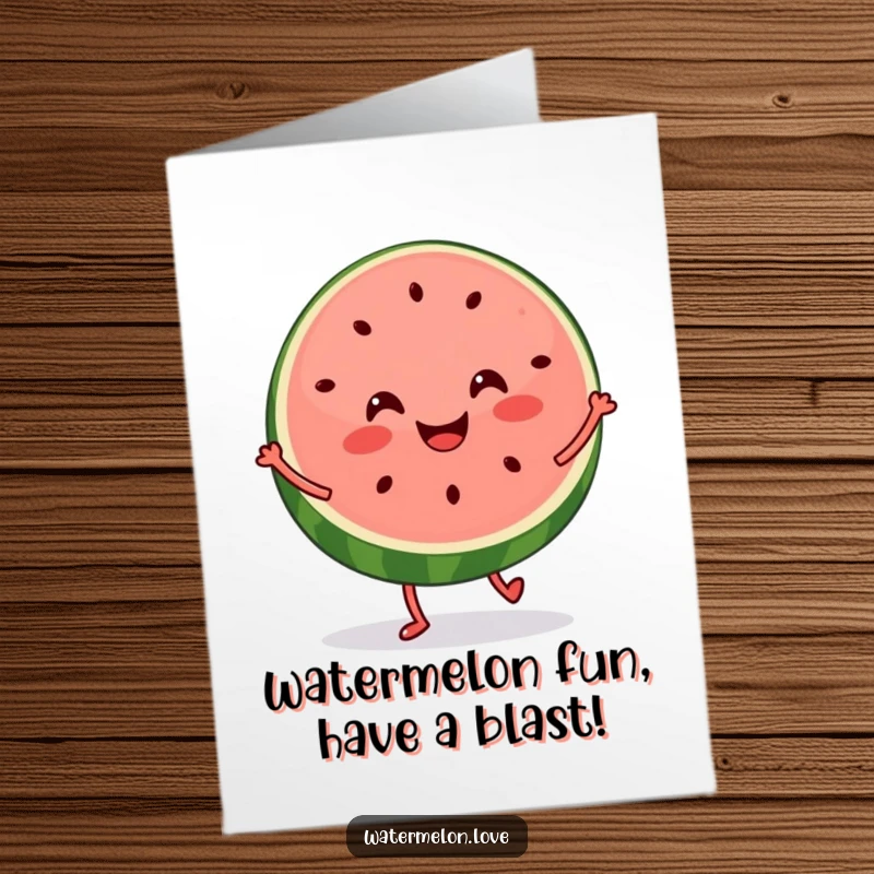 Funny Free Printable Birthday Card: A smiling watermelon slice with tiny legs dancing with pure, unadulterated birthday glee.