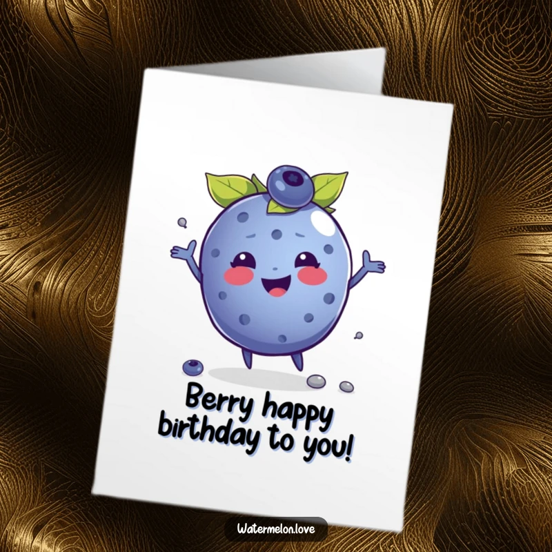 Funny Free Printable Birthday Card: A happy blueberry character joyfully juggling small seeds, celebrating the occasion.