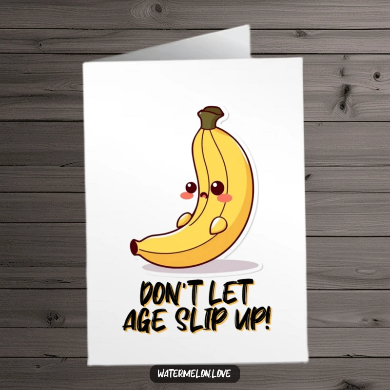 Funny Free Printable Birthday Card: A silly banana peel cartoon slipping with a surprised face, ready to bring laughter.