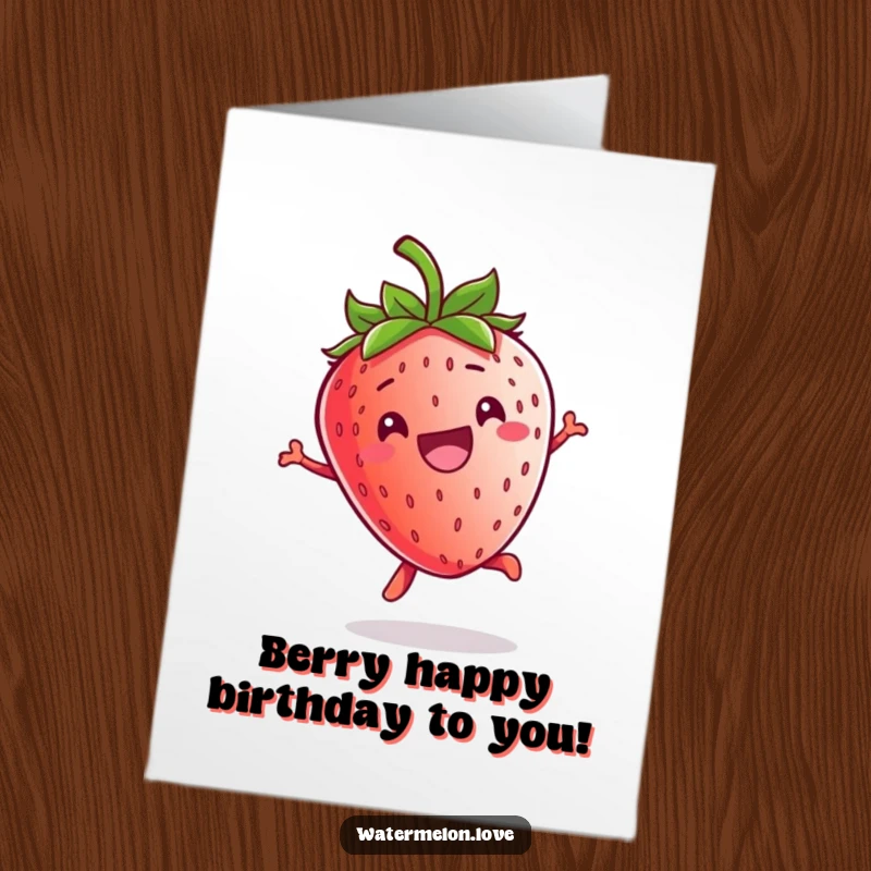 Funny Free Printable Birthday Card: Kawaii strawberry grinning and jumping high, spreading birthday joy and fun.