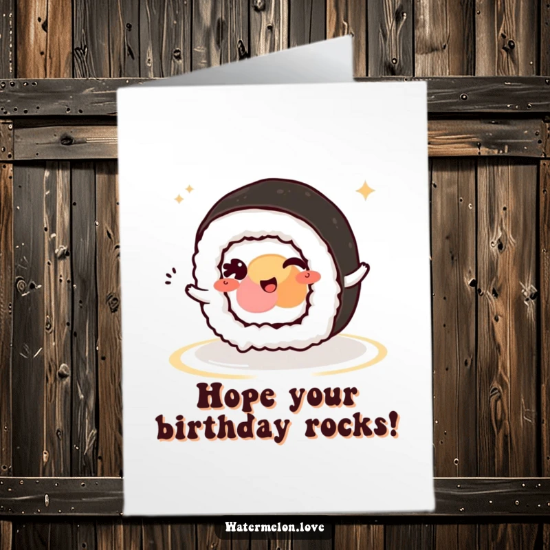 Funny Free Printable Birthday Card: A cute kawaii sushi roll character winking playfully as it rolls across the card.