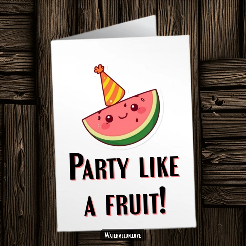 Funny Free Printable Birthday Card: Happy Kawaii watermelon slice wearing a tiny party hat, cheering enthusiastically.