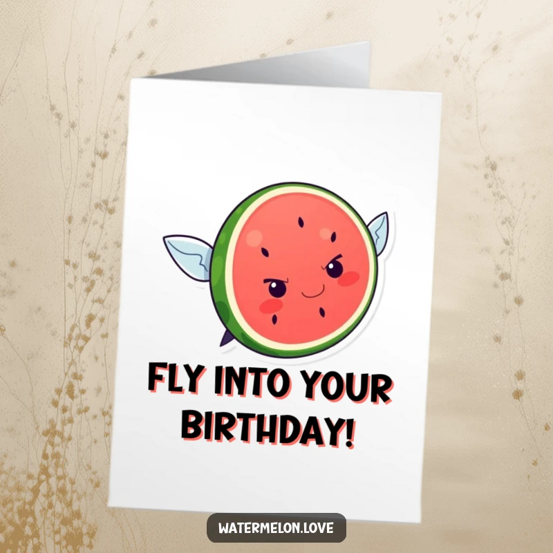 Funny Free Printable Birthday Card: A determined kawaii watermelon slice attempts to take flight, full of ambition.