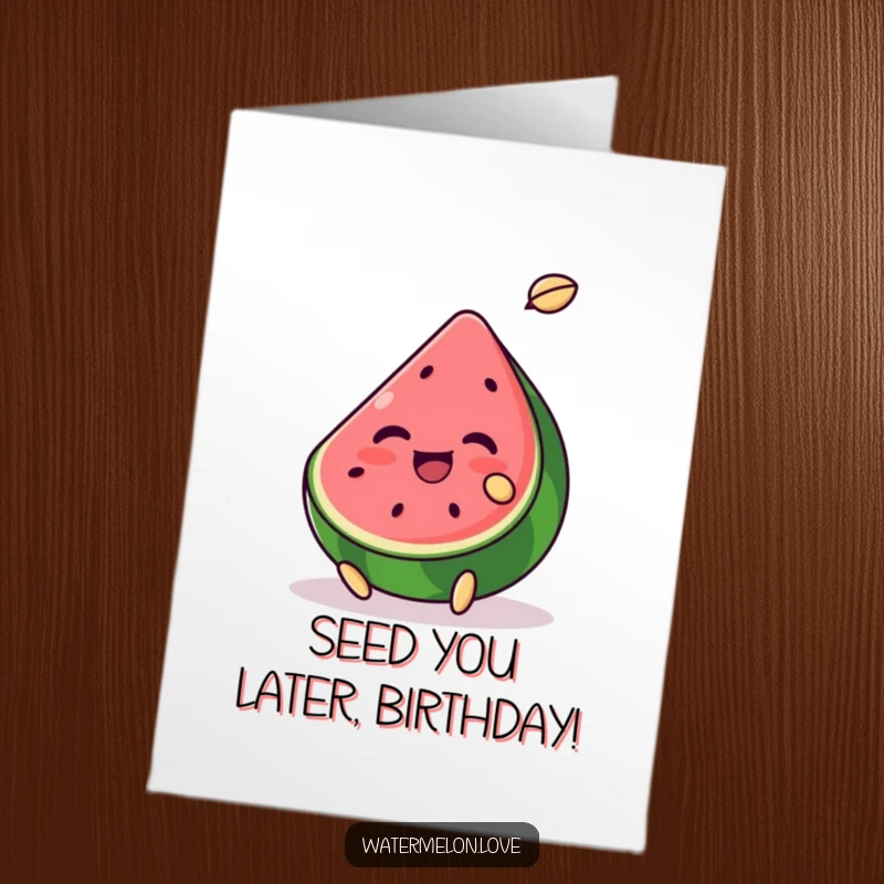Funny Free Printable Birthday Card: A happy watermelon chunk gleefully tossing a tiny seed high in the air.
