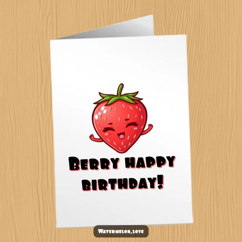Funny Free Printable Birthday Card: A bright red strawberry winking knowingly with a playful gesture, full of birthday mischief.