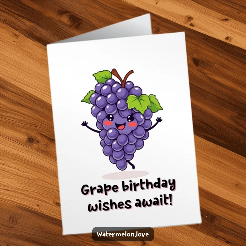 Funny Free Printable Birthday Card: Smiling grape cluster performing an impressive cartwheel with joyful abandon.