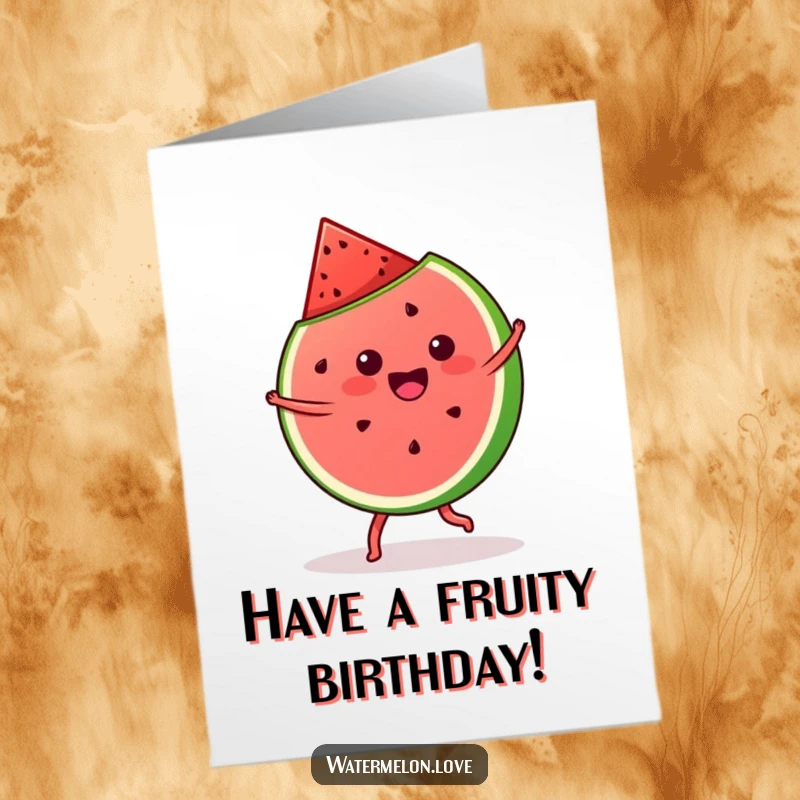 Funny Free Printable Birthday Card: A cute kawaii watermelon slice joyfully performs a cartwheel, radiating fun.