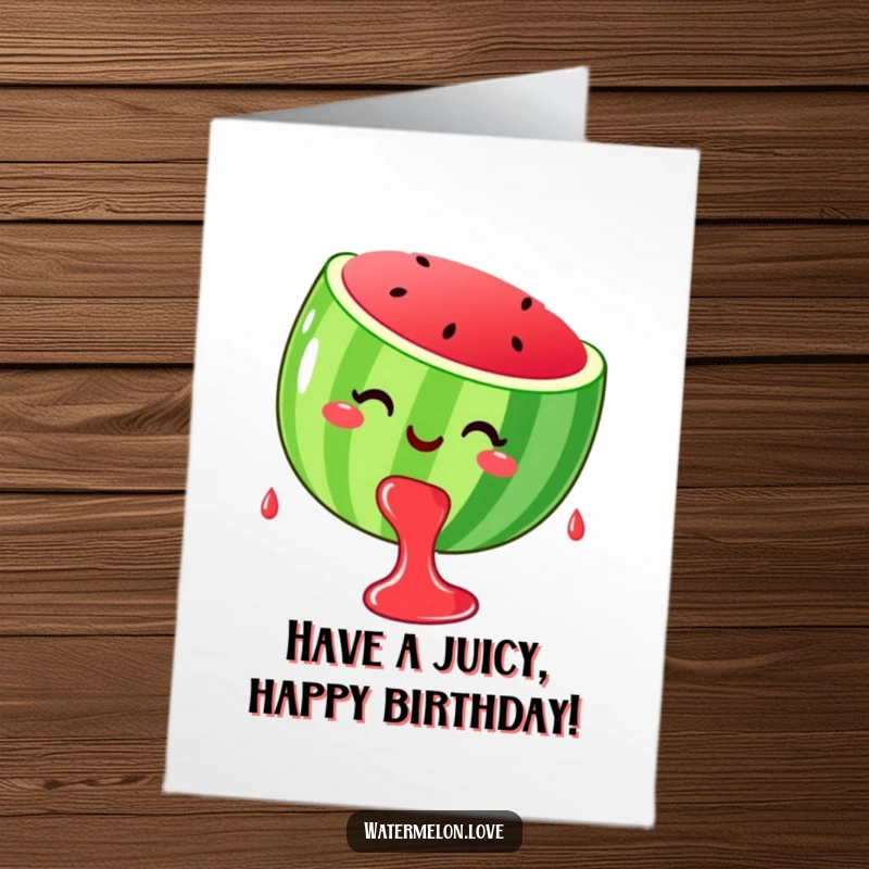 Funny Free Printable Birthday Card: a stylized, smiling watermelon dripping happy juice drops, sending birthday cheer.