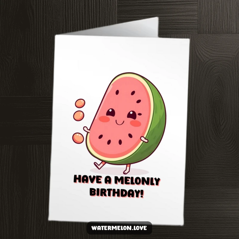Funny Free Printable Birthday Card: A smiling, anthropomorphic slice of watermelon happily juggling small, round seeds.