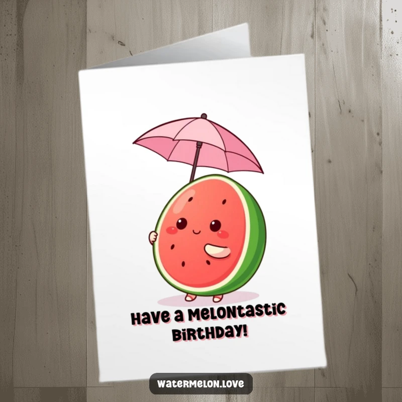 Funny Free Printable Birthday Card: A kawaii watermelon character comically balancing a tiny umbrella, ready for a fun celebration.