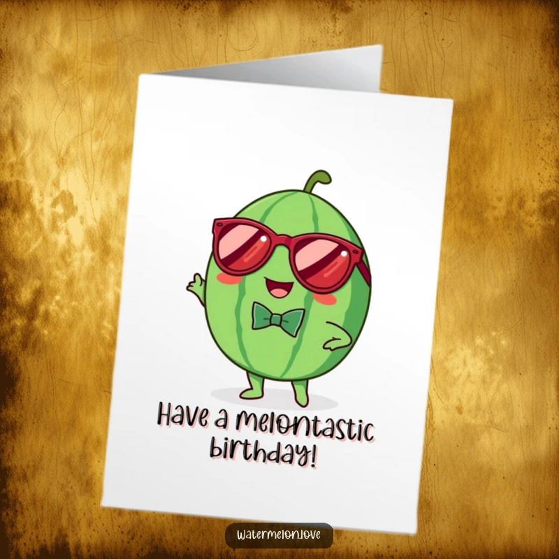 Funny Free Printable Birthday Card: A cheerful Kawaii watermelon wearing sunglasses and a bowtie, striking a cool pose.