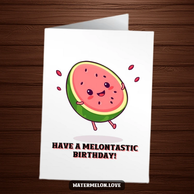 Funny Free Printable Birthday Card: Kawaii smiling watermelon slice doing a cartwheel with seeds flying, full of energetic birthday cheer.