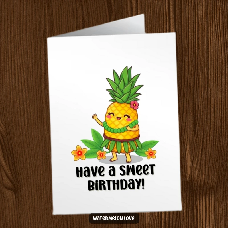 Funny Free Printable Birthday Card: Anthropomorphic pineapple doing a lively hula dance, tropical, festive, printable greeting.