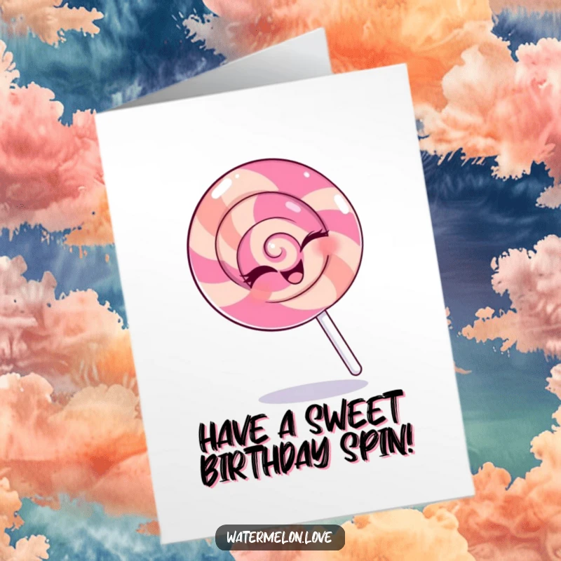 Funny Free Printable Birthday Card: A winking lollipop cartoon spinning with joy, perfect for birthday wishes.