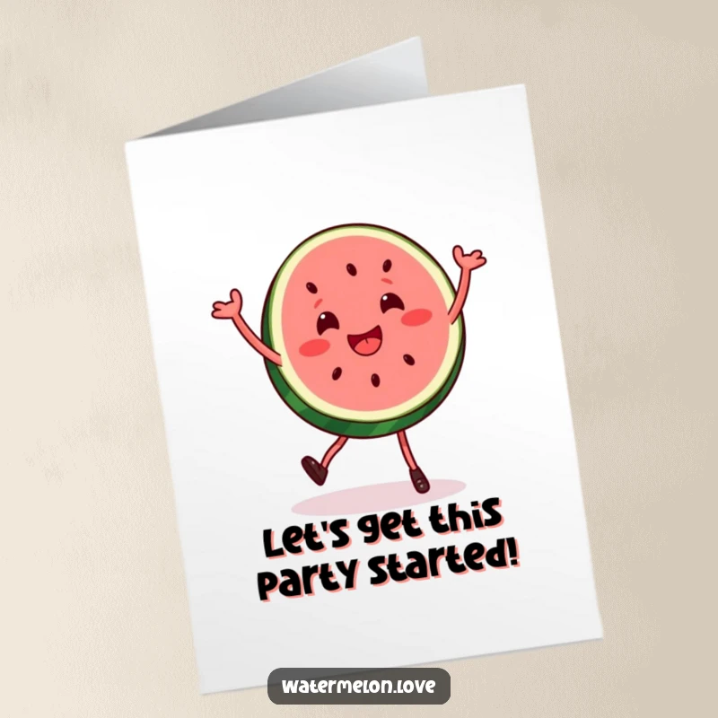 Funny free printable birthday card showing a joyful watermelon slice performing a silly, bouncy dance with energetic movement.