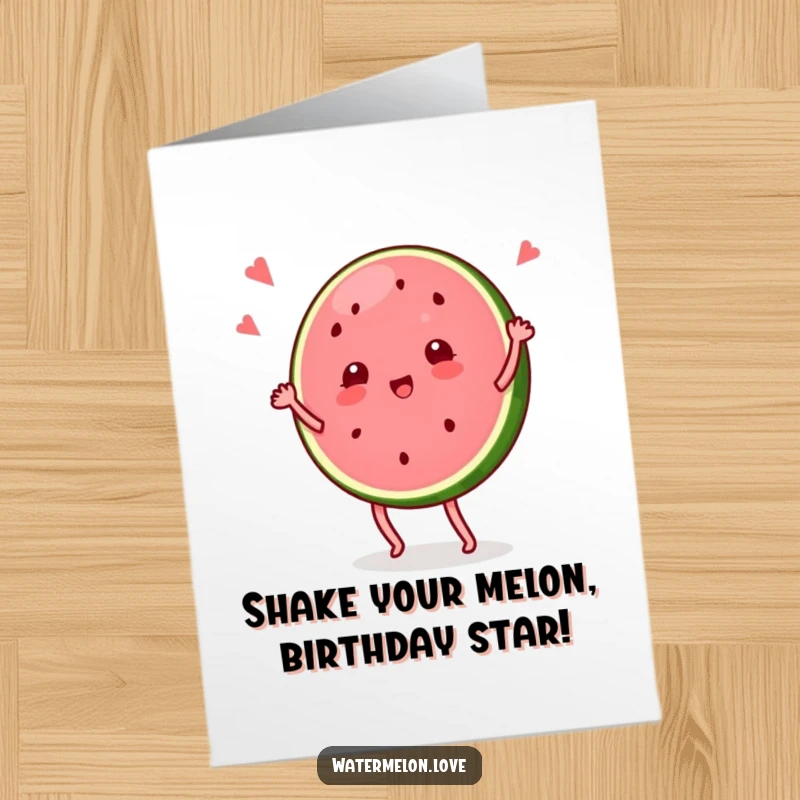 Funny Free Printable Birthday Card: A watermelon slice character doing a hilarious, silly dance, bringing joy to any celebration.