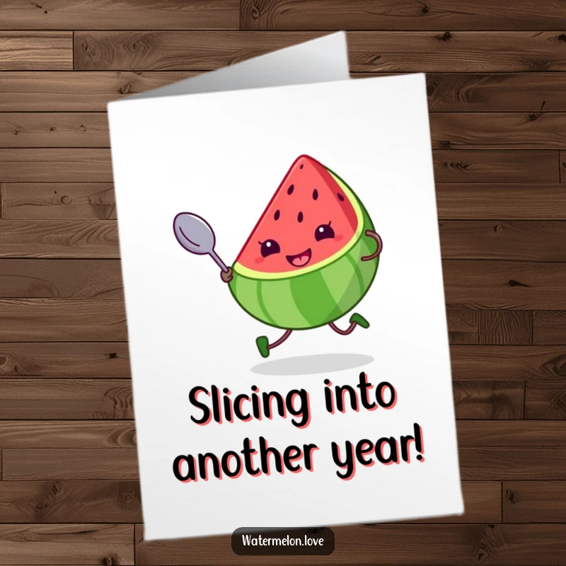 Funny Free Printable Birthday Card: Kawaii watermelon with a cheeky grin, running with a giant spoon, ready for cake.