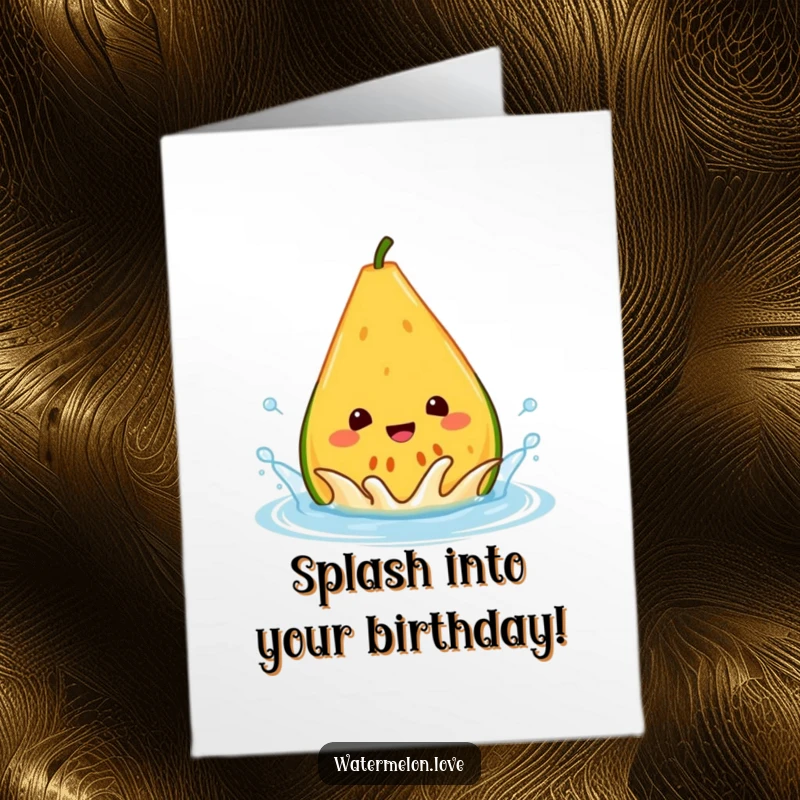 Funny Free Printable Birthday Card showing a cheerful watermelon wedge happily splashing inside a water droplet, perfect for a cool greeting.