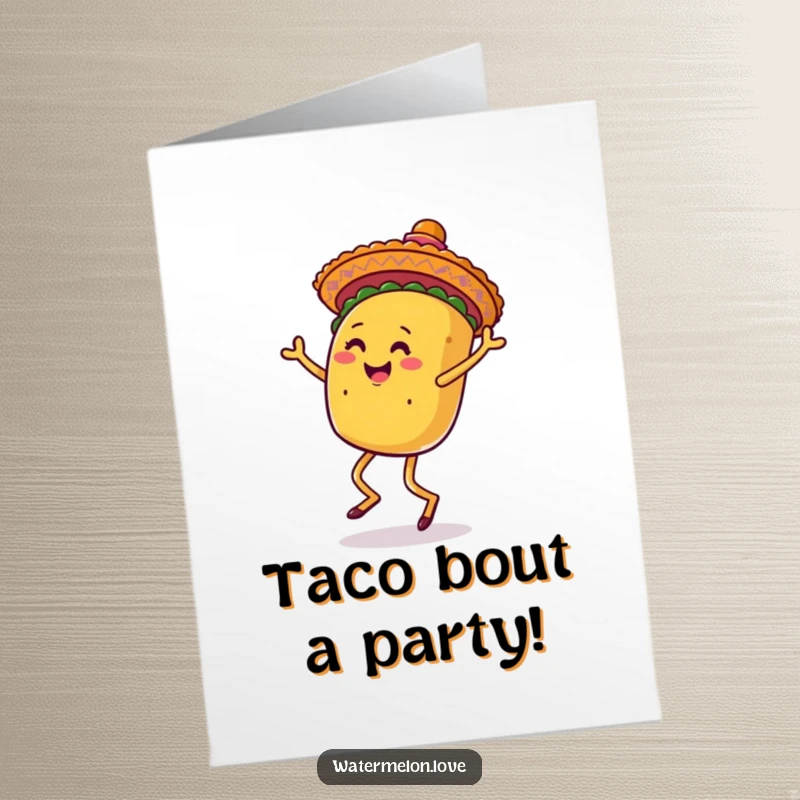 Funny Free Printable Birthday Card: Anthropomorphic taco joyfully dancing in sombrero, legs kicking, Mexican fiesta celebration.