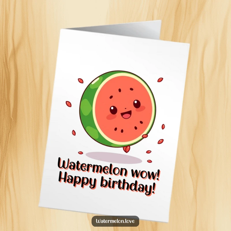 Funny Free Printable Birthday Card: Kawaii watermelon doing a wild cartwheel with seeds flying, spreading joy.