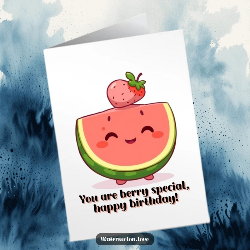 Funny free printable birthday card of a joyful watermelon slice expertly balancing a tiny, smiling berry on its head.