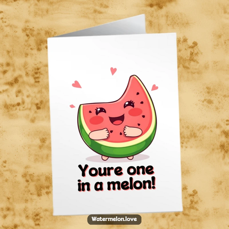 Funny Free Printable Birthday Card: Kawaii watermelon slice smiling widely, giving a big juicy hug, perfect for a cheerful greeting.