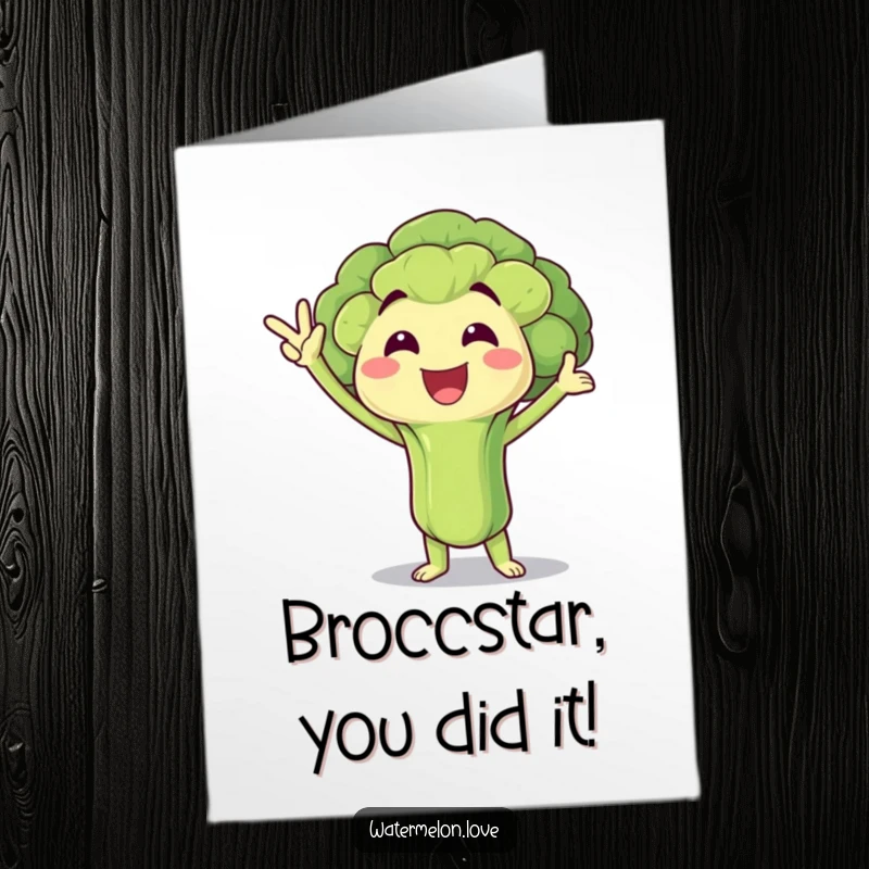 Funny Free Printable Congrats Card: Anthropomorphic broccoli floret in a jubilant victory pose, symbolizing success, healthy, printable greeting.
