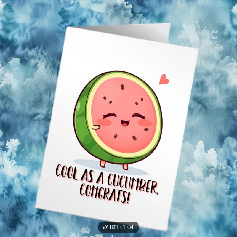 Funny Free Printable Congratulations Card showing a wobbly watermelon enjoying a cool breeze with closed eyes, perfect for serene wishes.