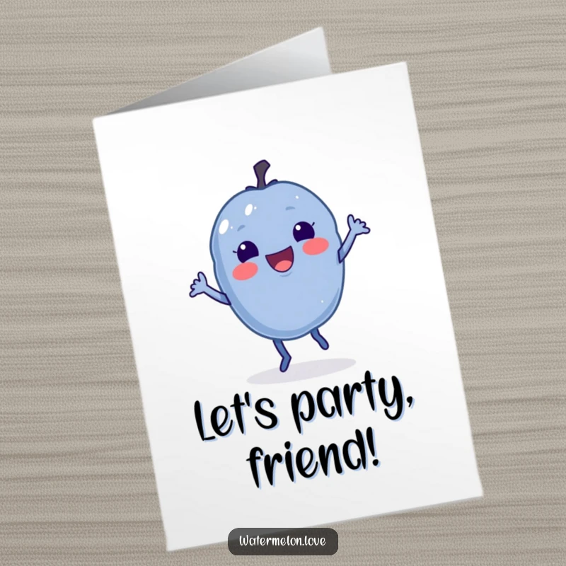 Funny Free Printable Delighted Blueberry Doing a Little Jig on Congratulations Card, 'Print at Home'.
