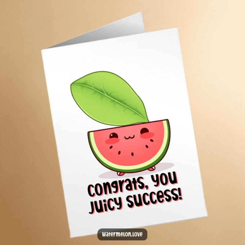 Free Printable Congratulations Card: A shy, blushing Kawaii watermelon slice peeking out, celebrating a big moment.