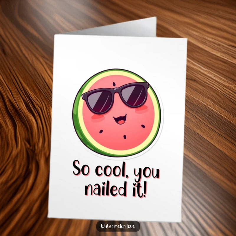 Funny free printable congratulations card showcasing a delighted watermelon slice in cool sunglasses, looking effortlessly stylish.
