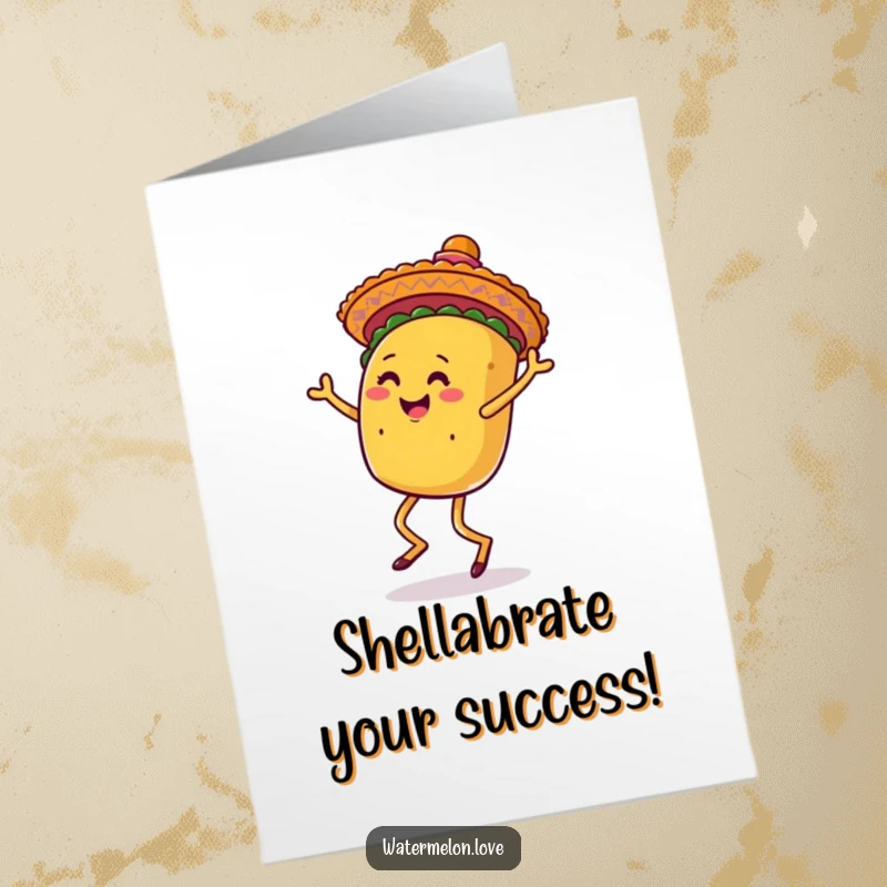 Funny Free Printable Congrats Card: Energetic anthropomorphic taco dancing happily in a sombrero, perfect for celebrating achievements.