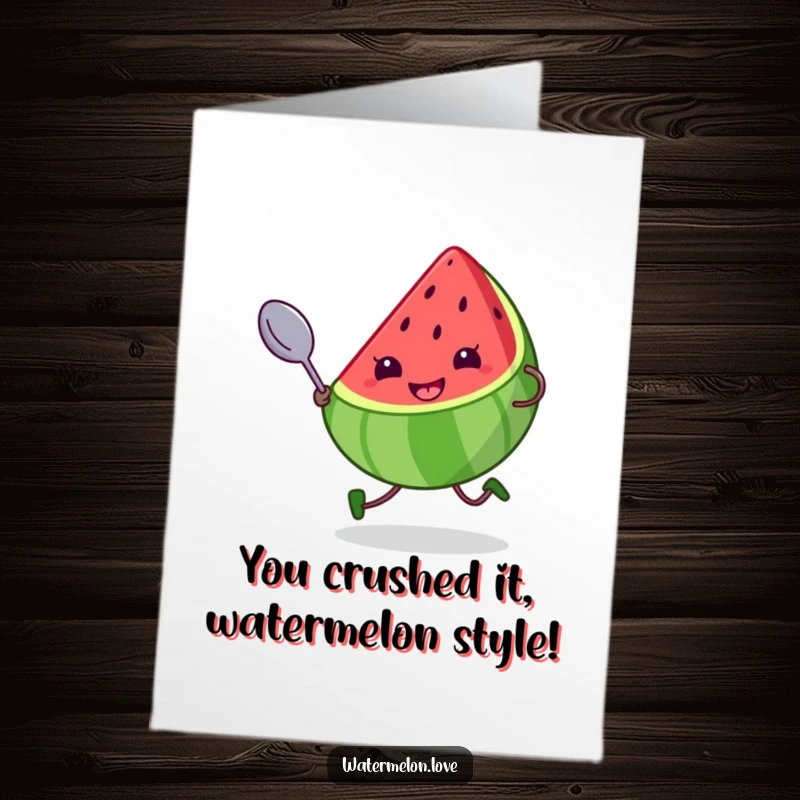 Funny Free Printable Congrats Card: Whimsical kawaii watermelon sprinting joyfully with an oversized spoon, celebrating success.