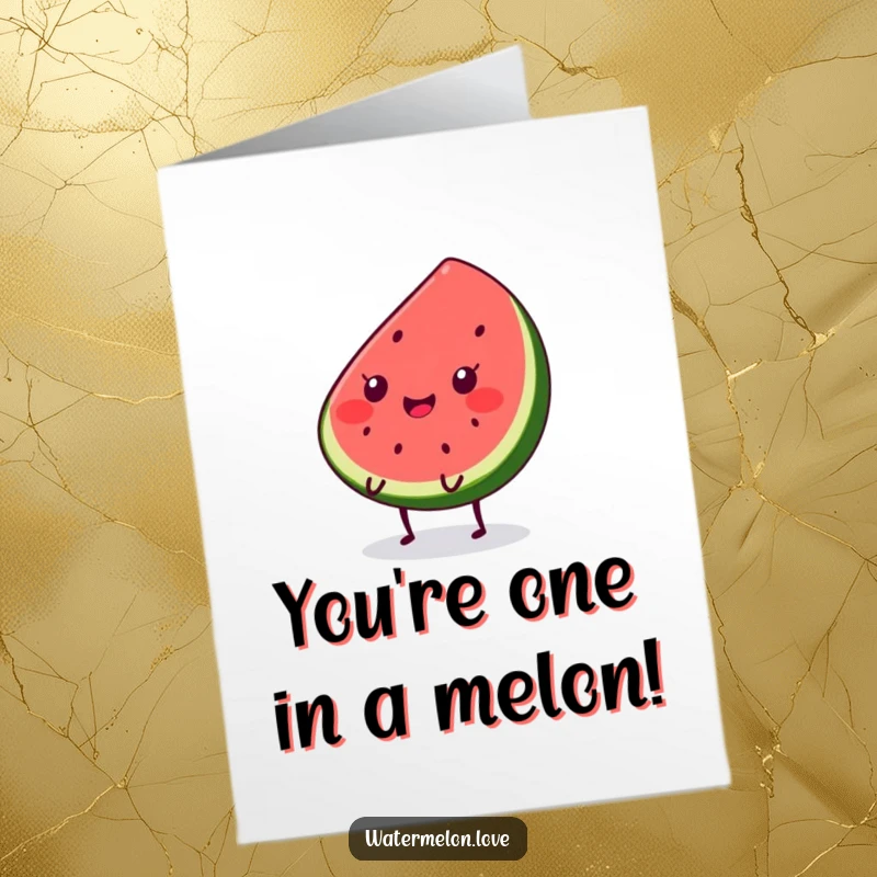 Funny Free Printable Congratulations Card: A smiling Kawaii watermelon slice with tiny legs, bouncing with pure glee over good news.