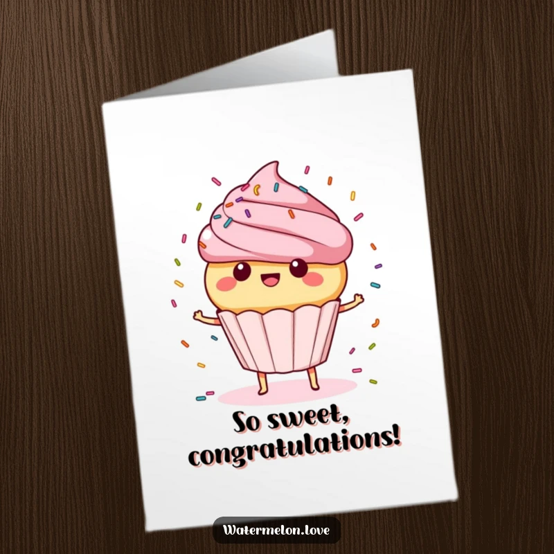 Funny Free Printable Congrats Card: Anthropomorphic cupcake with sprinkles spinning, celebrating success, sweet, printable greeting.