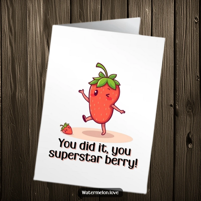 Funny Free Printable Congrats Card: A happy strawberry doing a cartwheel, celebrating achievements with energetic cheer.