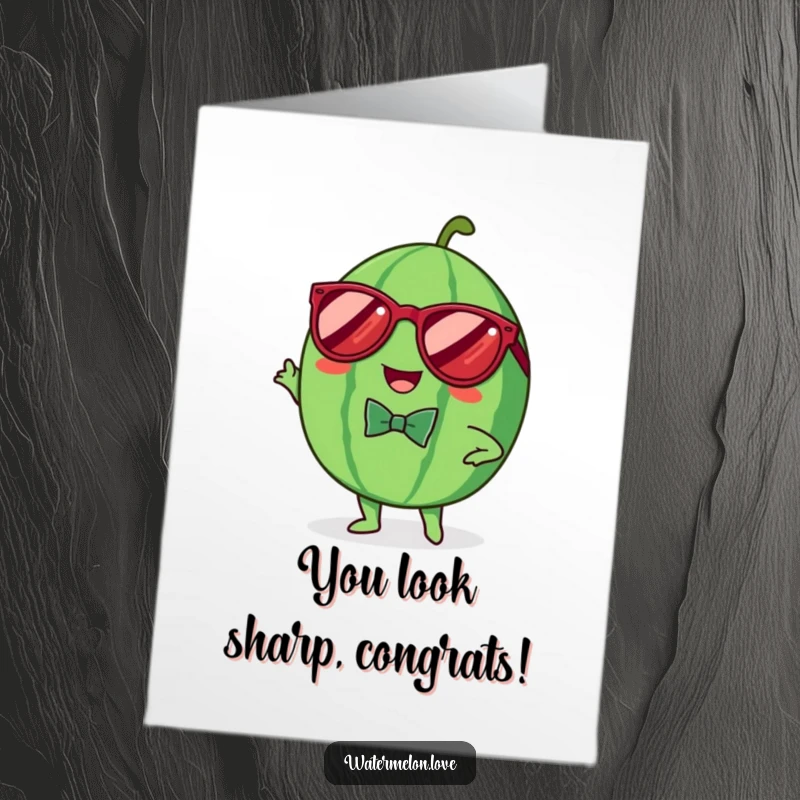Free Printable Congratulations Card: A dapper Kawaii watermelon in sunglasses and bowtie, striking a confident pose.