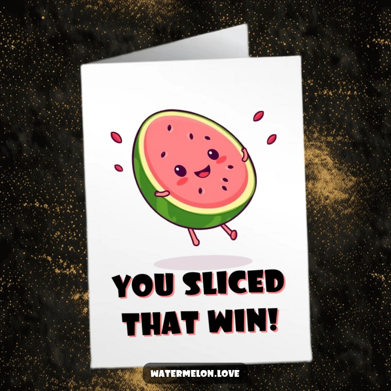 Funny Free Printable Congratulations Card: Kawaii smiling watermelon slice cartwheeling with seeds flying, symbolizing a joyful achievement.