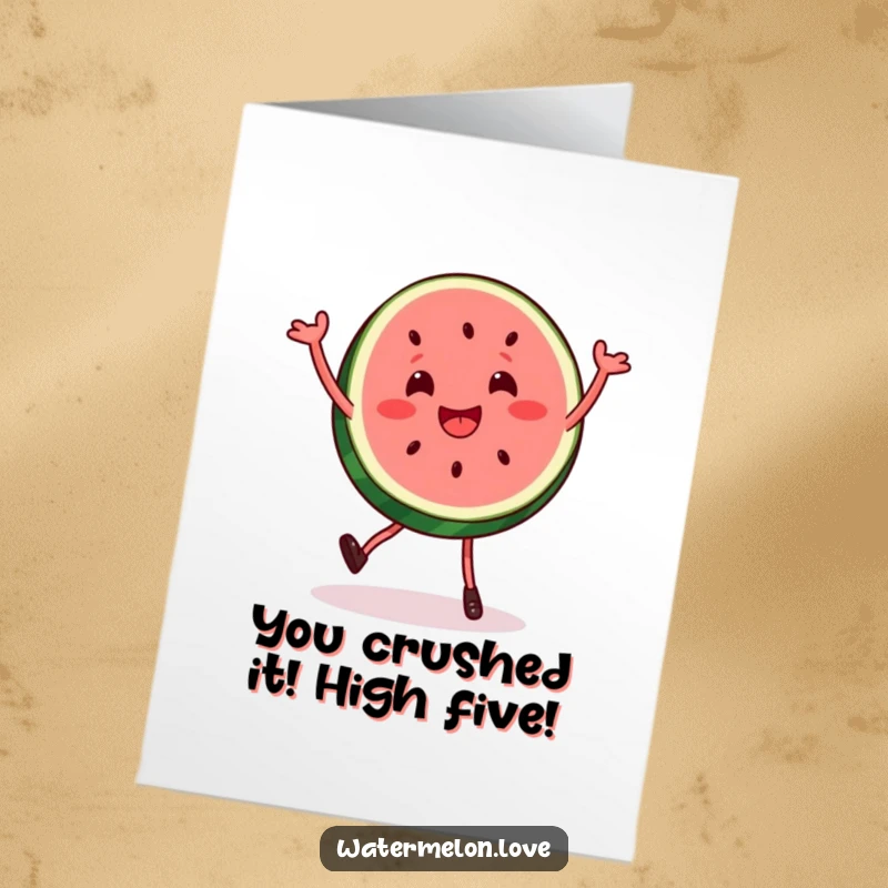 Funny free printable congratulations card featuring a watermelon slice doing an energetic, silly dance to celebrate an achievement.