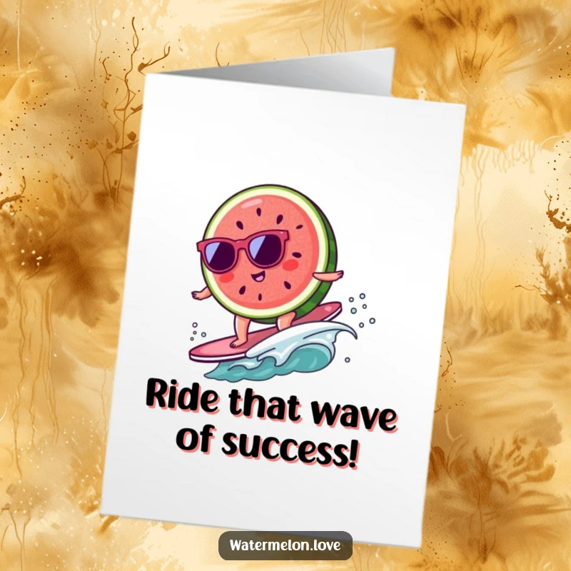 Funny Free Printable Congratulations Card: A kawaii watermelon slice with sunglasses rides a tiny wave, celebrating a win with cool confidence.