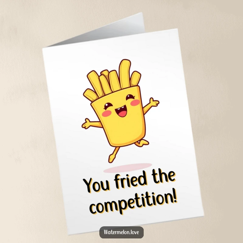 Funny Free Printable Congratulations Card: A french fry character performing an enthusiastic jump, symbolizing accomplishment.