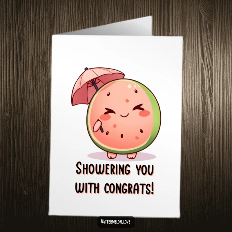 Funny Free Printable Congratulations Card: Kawaii watermelon slice giving a mischievous wink, holding a tiny umbrella.