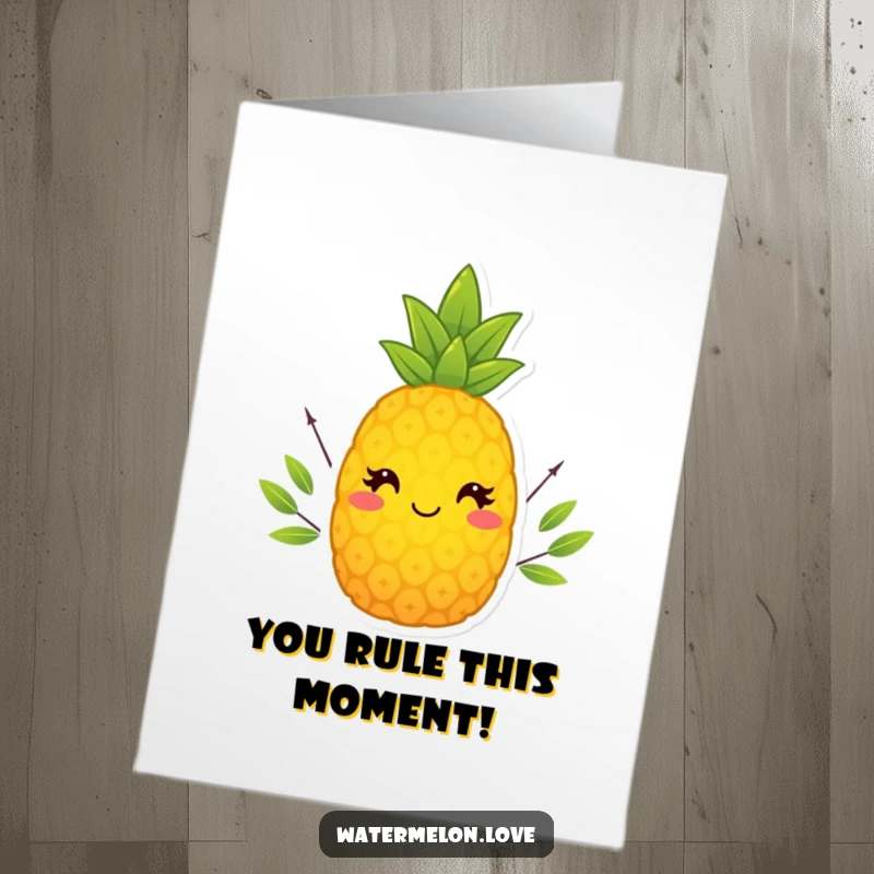 Funny Free Printable Smiling Pineapple Wearing Tiny Leafy Crown on Congratulations Card, 'Print at Home'.