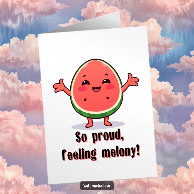 Funny Free Printable Congratulations Card: A cheerful Kawaii watermelon wedge with arms outstretched, offering a loving hug for good news.