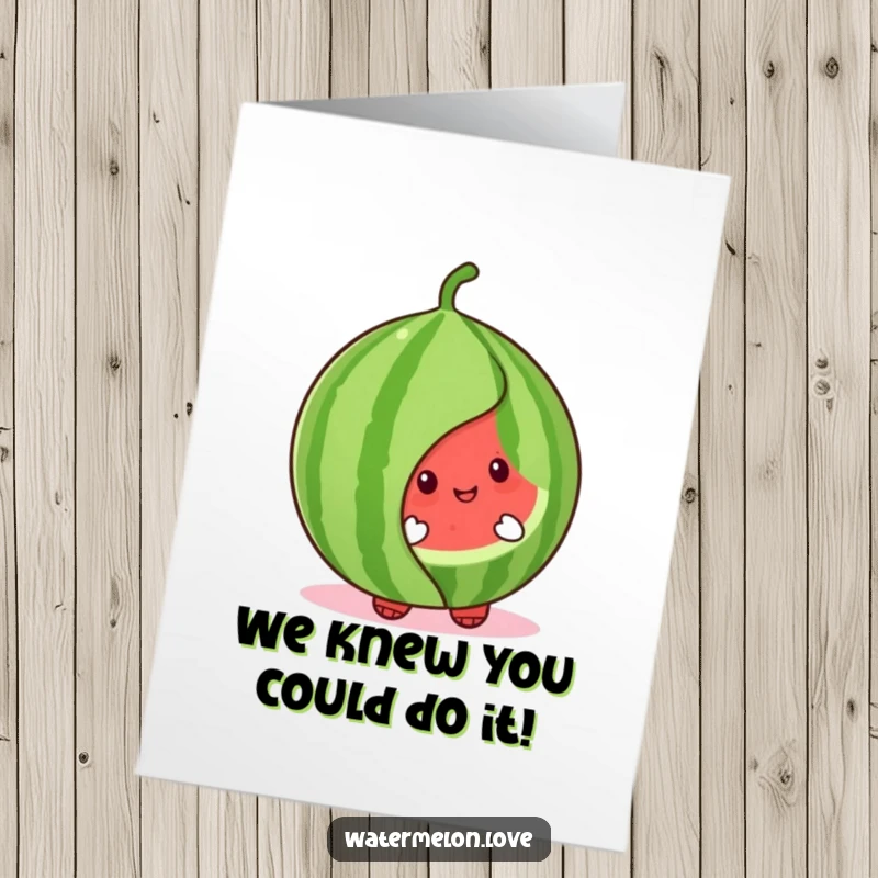 Funny free printable congratulations card with a cute watermelon character slyly peeking around a big, cheerful leaf.