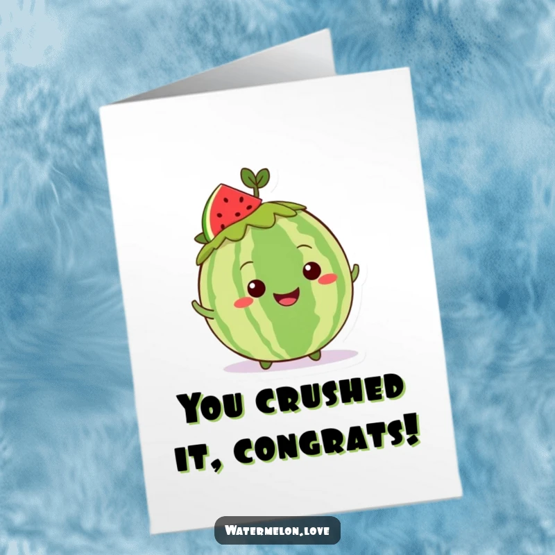 Funny Free Printable Congratulations Card: A grinning Kawaii whole watermelon with a leafy crown, doing a happy shimmy to celebrate good news.