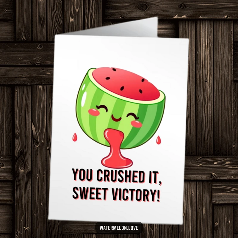 Funny Free Printable Congratulations Card: a smiling watermelon dripping happy juice drops, celebrating a sweet success.