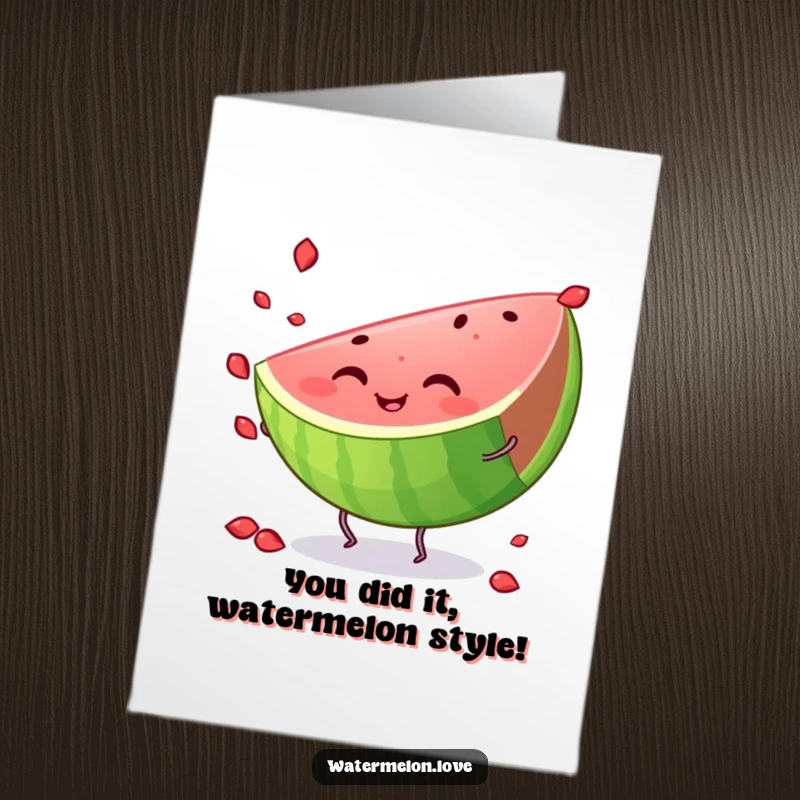 Funny Free Printable Congratulations Card showing a happy watermelon slice with small legs juggling seeds, perfect for cheerful wishes.